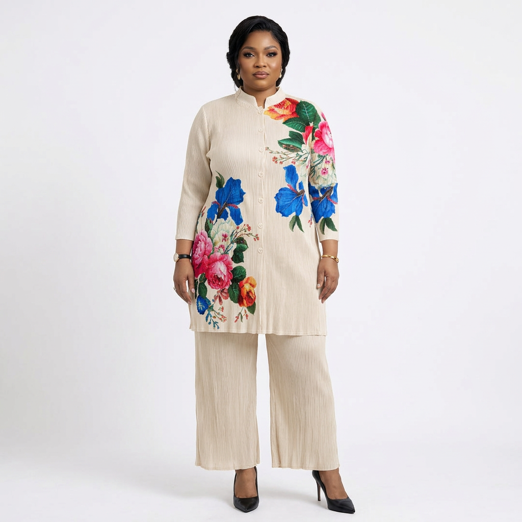 Black adult model wearing a cream floral tunic and wide-leg trouser set