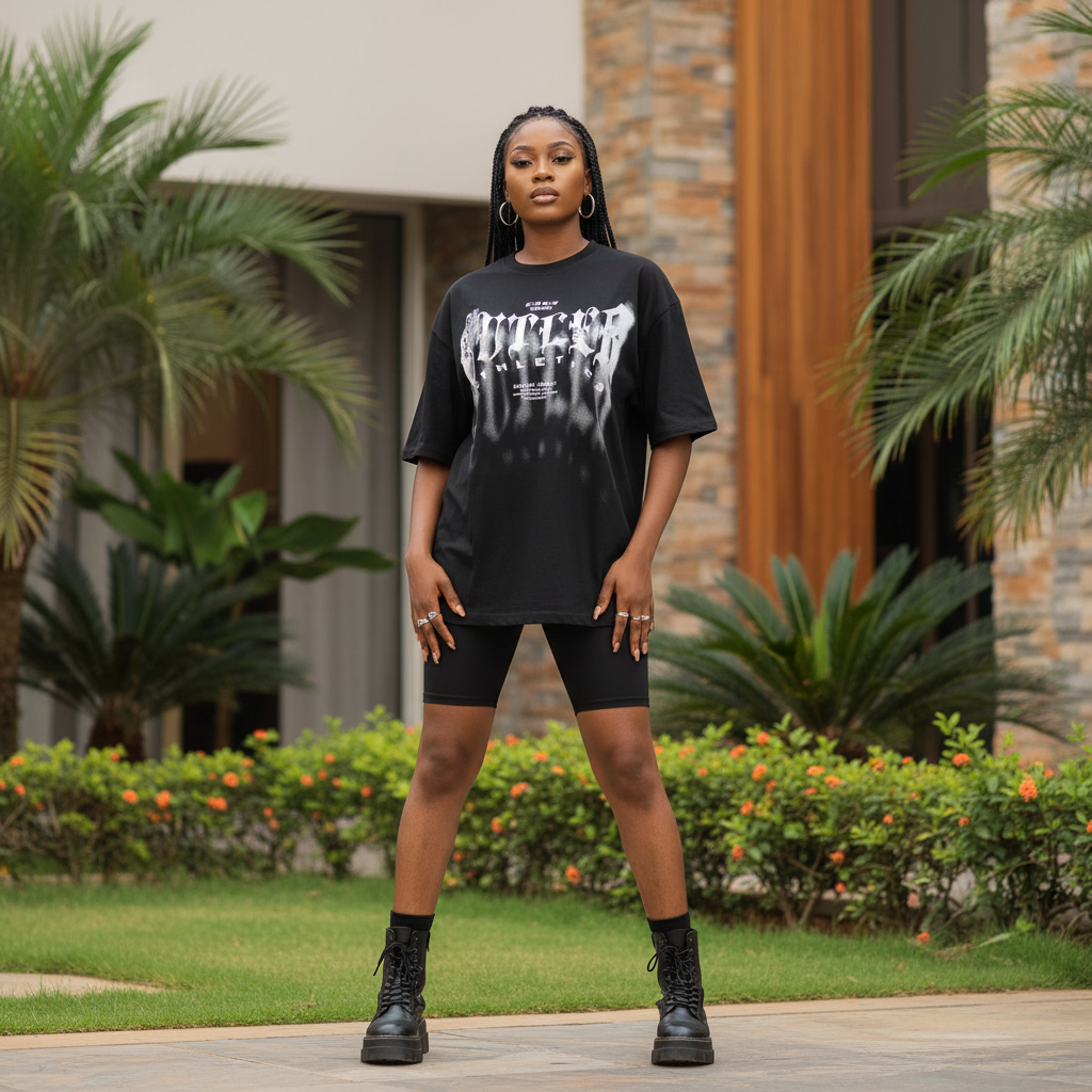 Women's black gothic smoky lettering graphic oversized tee - model shot