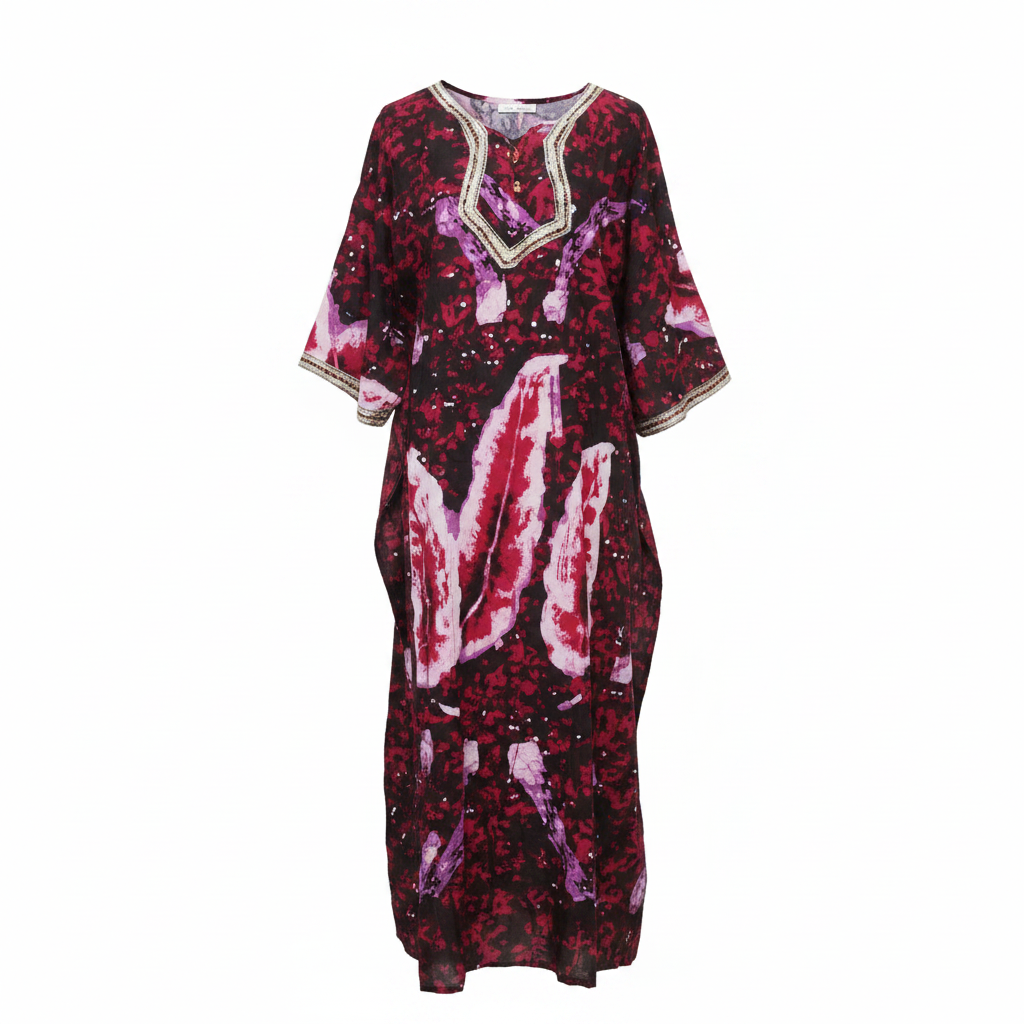 Ghost mannequin front view of women's burgundy abstract print bubu kaftan dress with white embroidered V-neckline