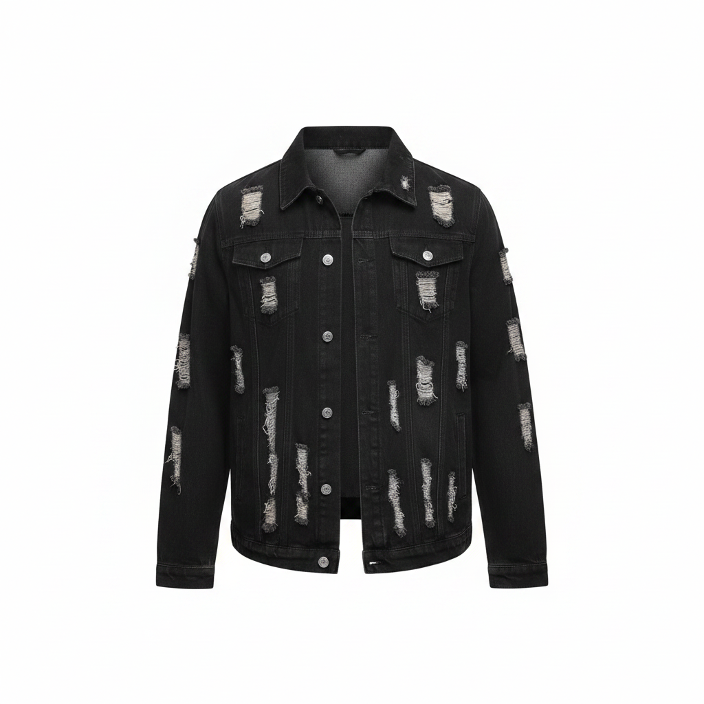 Black Distressed Denim Trucker Jacket - Ghost Mannequin Front