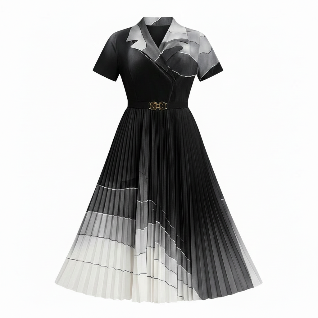 Women's black grey white pleated midi dress ghost mannequin front view