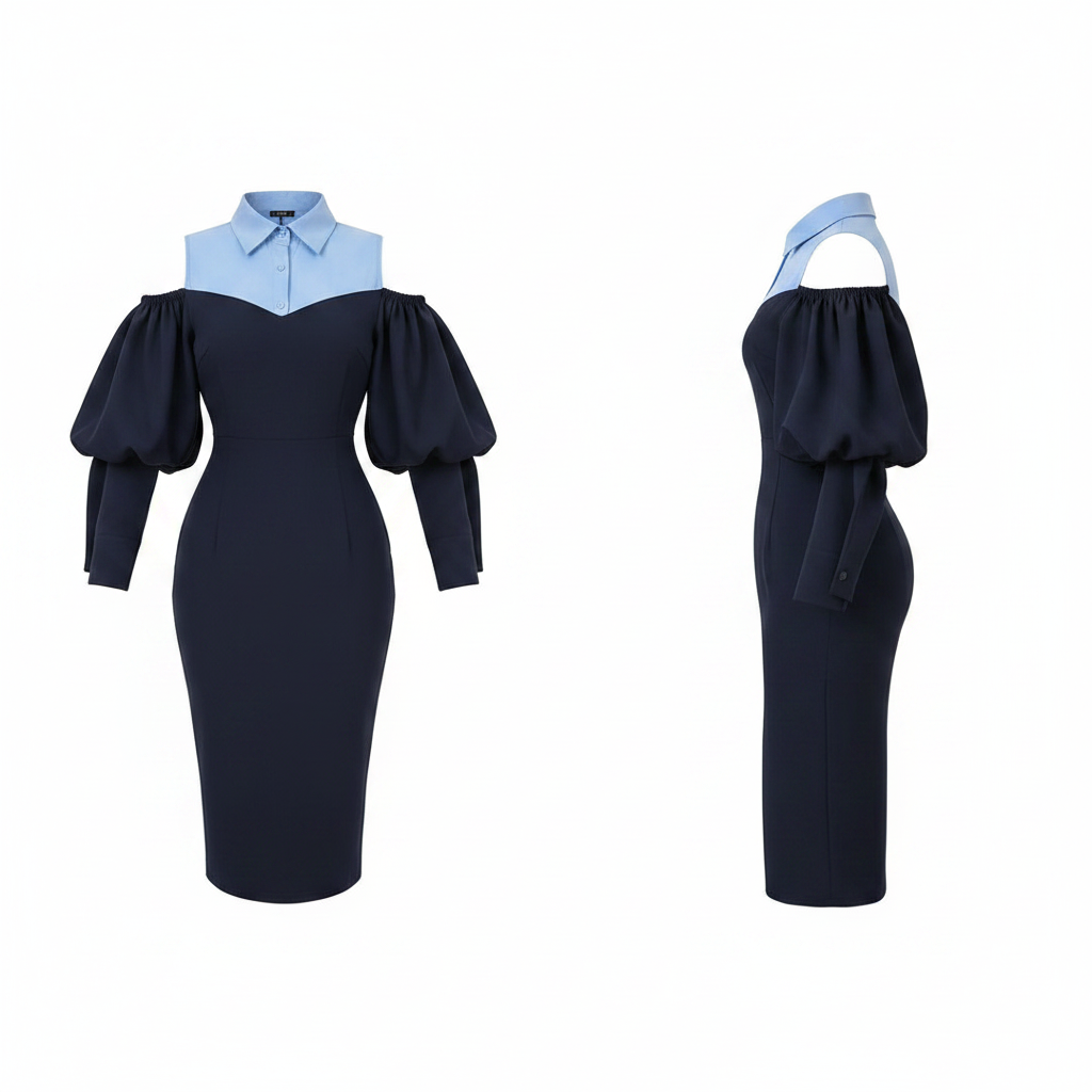 Women's Navy & Sky Blue Cold Shoulder Puff Sleeve Midi Dress – Ghost Mannequin Front and Side View