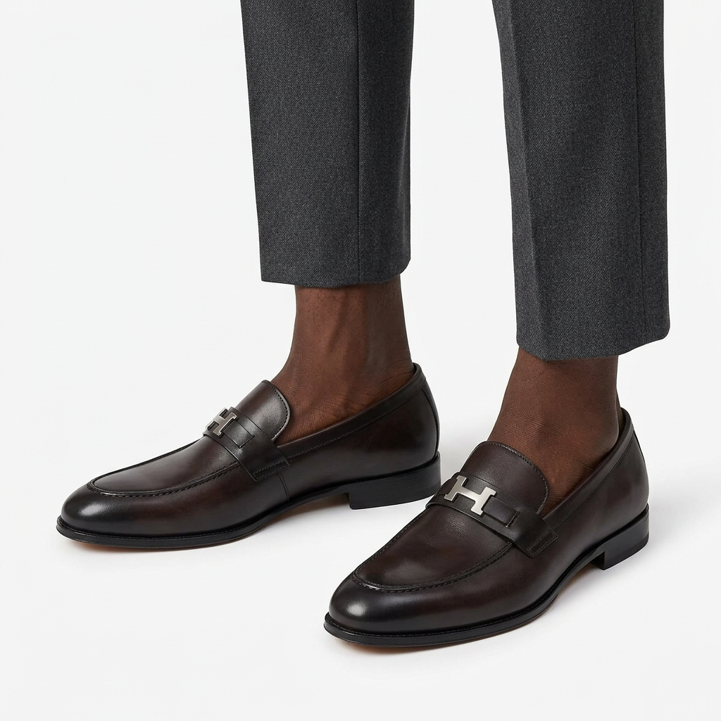 Men's deep brown H-detail loafers worn with charcoal trousers on a white background