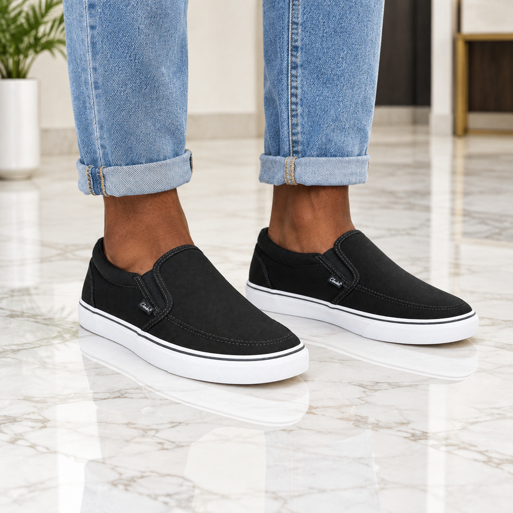 Man wearing black canvas classic slip-on shoes