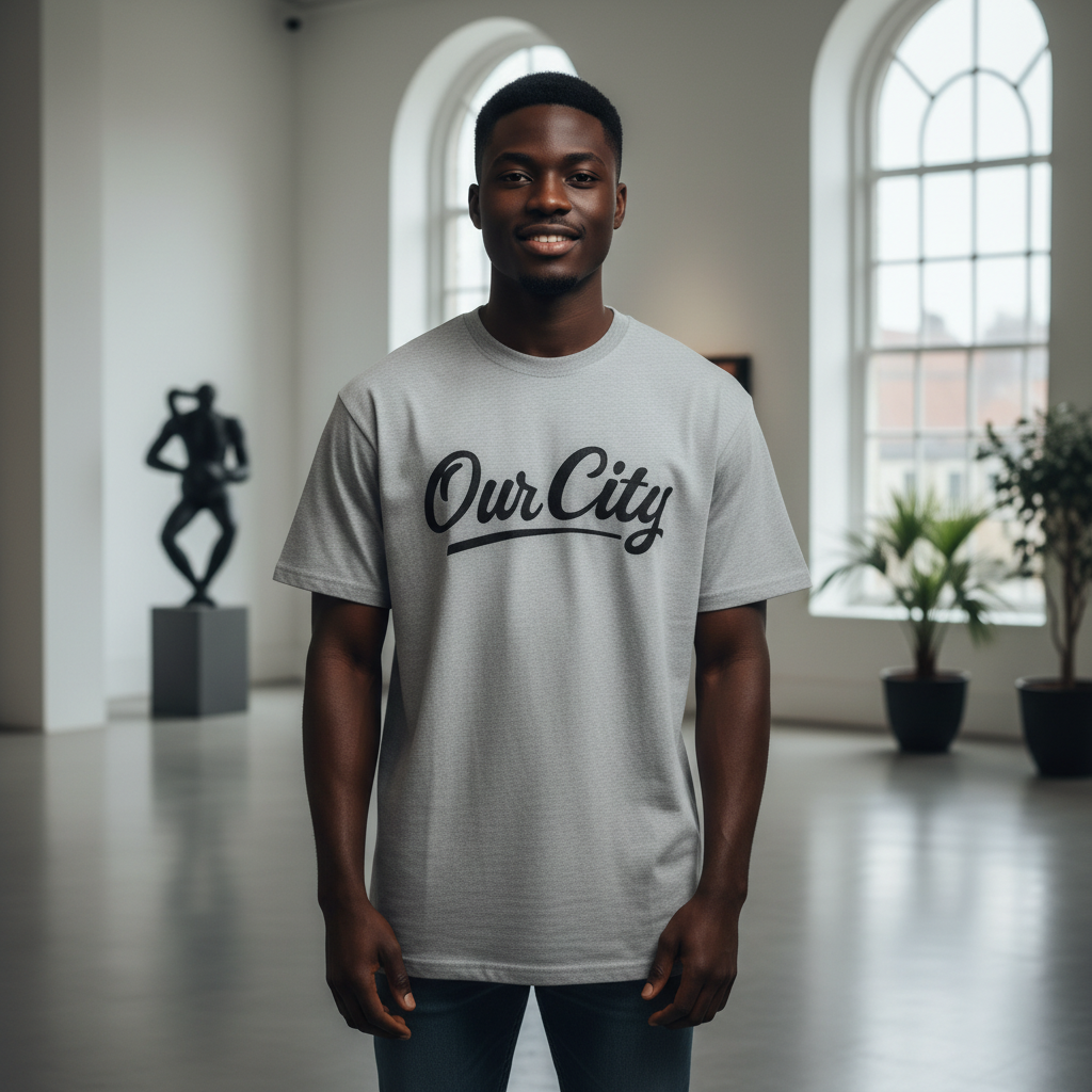 Our City Script Grey Cotton Tee – Model Shot
