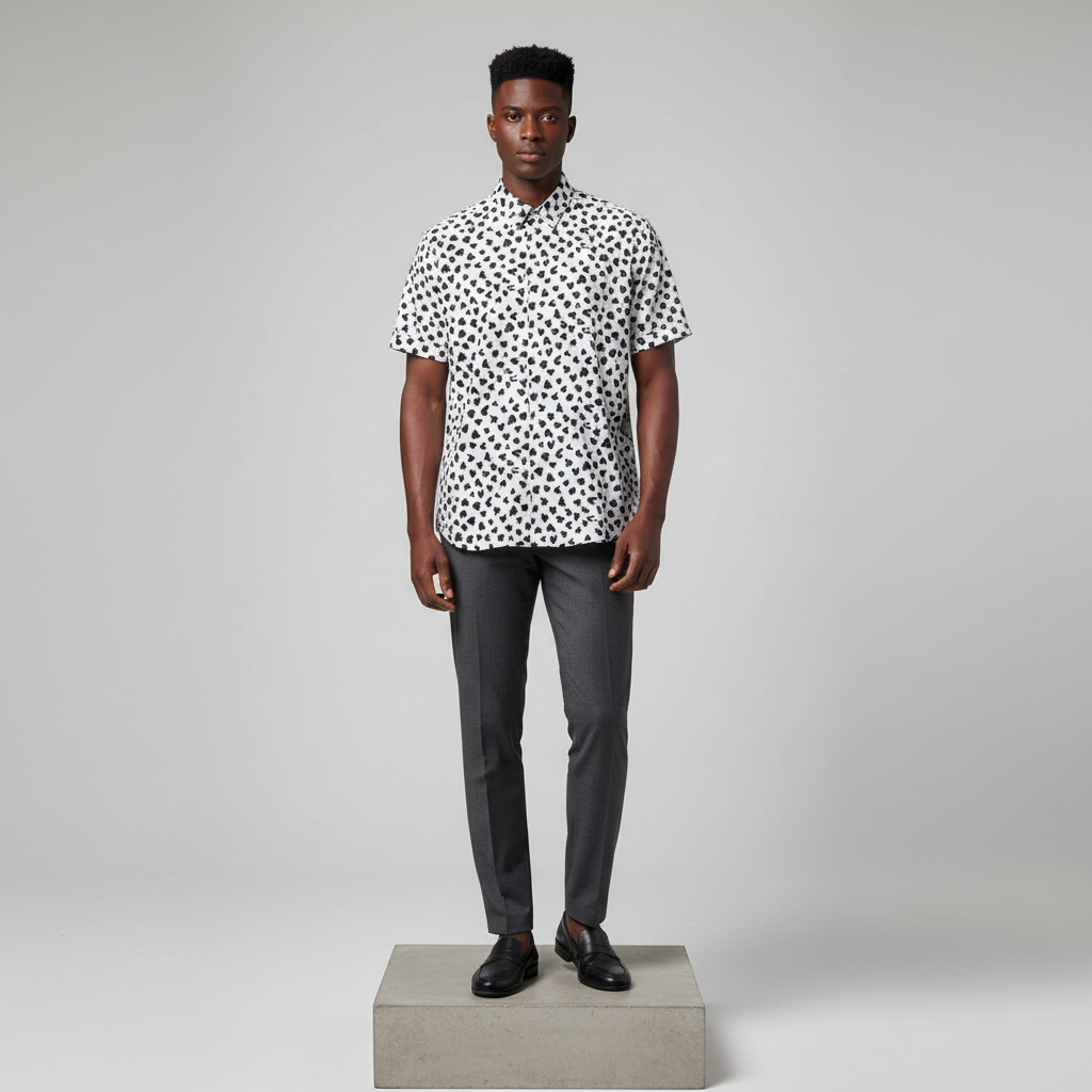 Nigerian male model wearing white black dalmatian print short-sleeved shirt, front view
