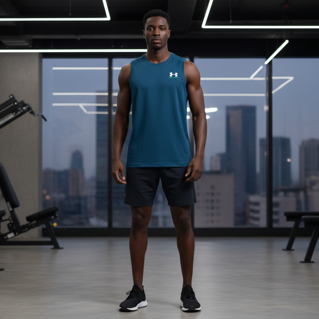 Under Armour teal sleeveless sport vest on male model