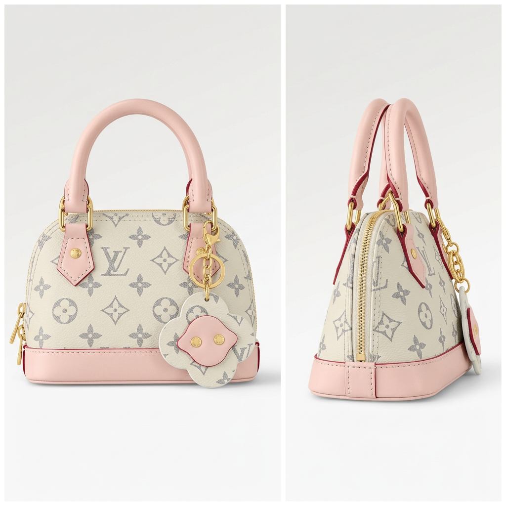 AI-generated front and angled views of a white and grey patterned dome handbag with pink trim