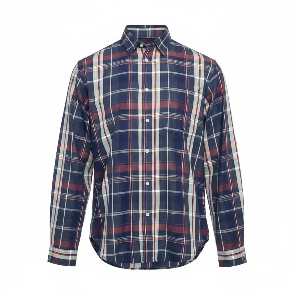 Navy blue red plaid long-sleeved shirt ghost mannequin front view