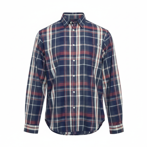 Navy blue red plaid long-sleeved shirt ghost mannequin front view
