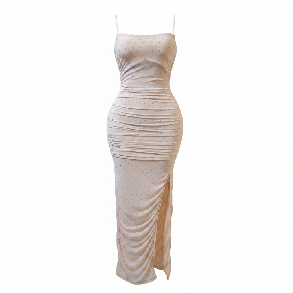 Nude Rhinestone Ruched Split Maxi Gown – Ghost Mannequin