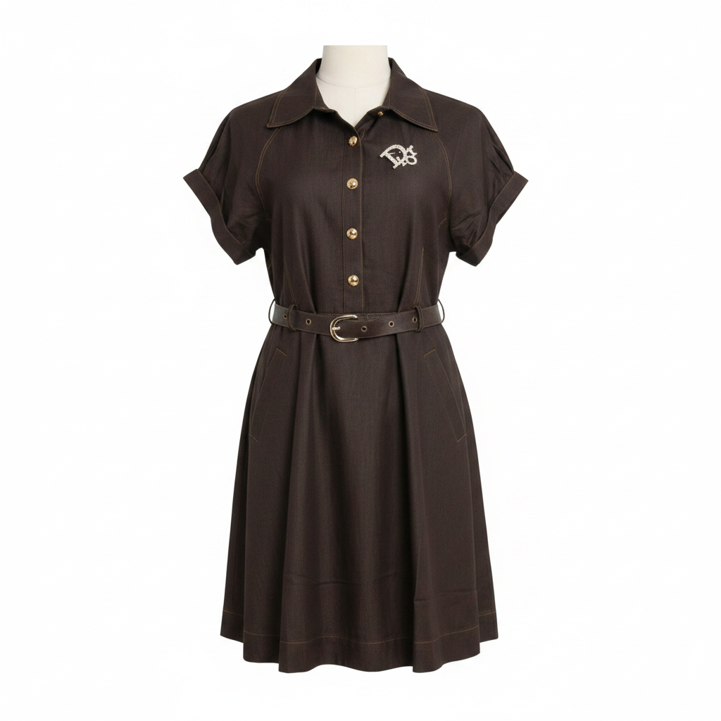 Women's dark brown gold button crystal brooch belted shirt dress - ghost mannequin front view