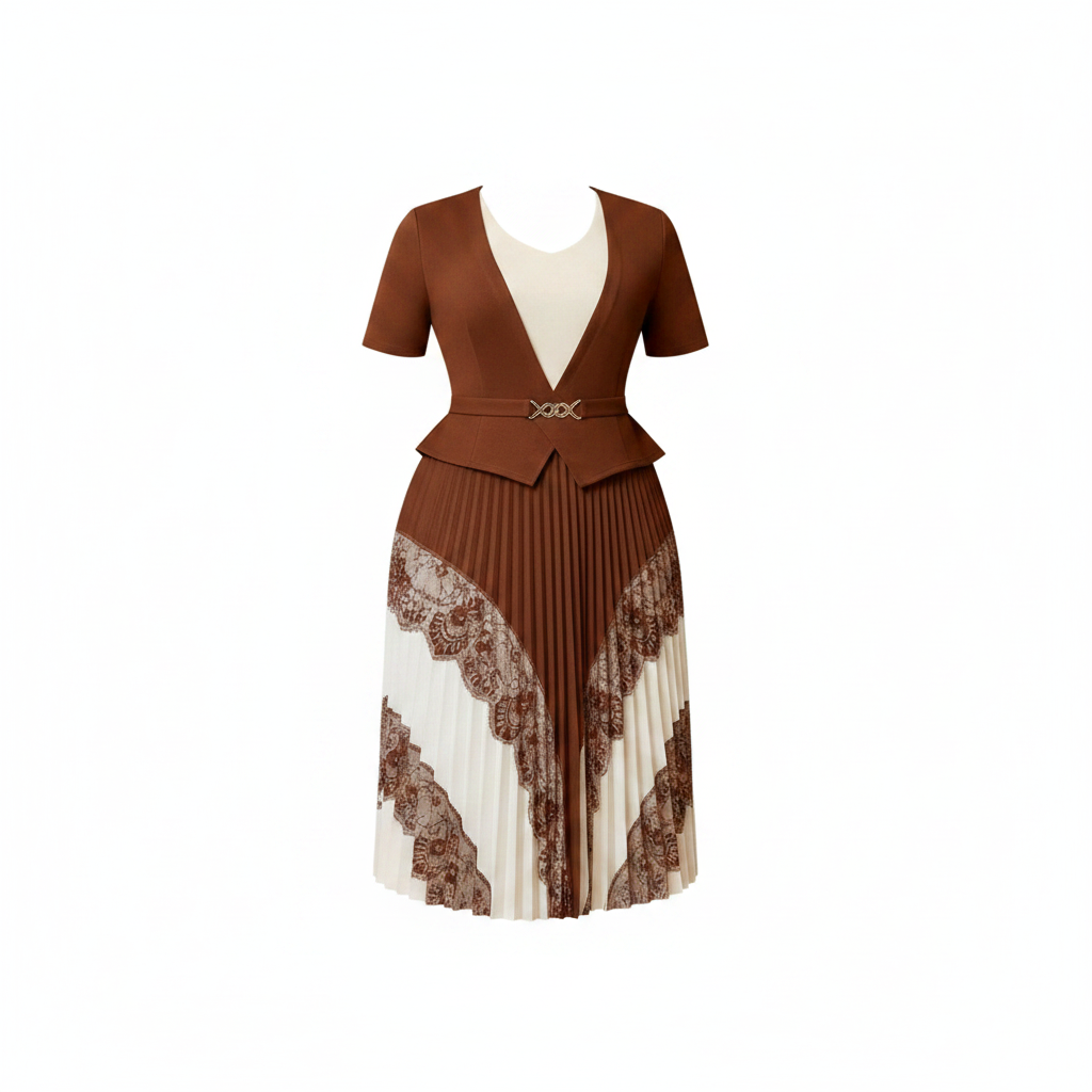 Ghost mannequin view of women's brown lace panel peplum pleated midi two-piece set