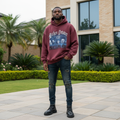 Burgundy gothic hoodie front view on Nigerian male model