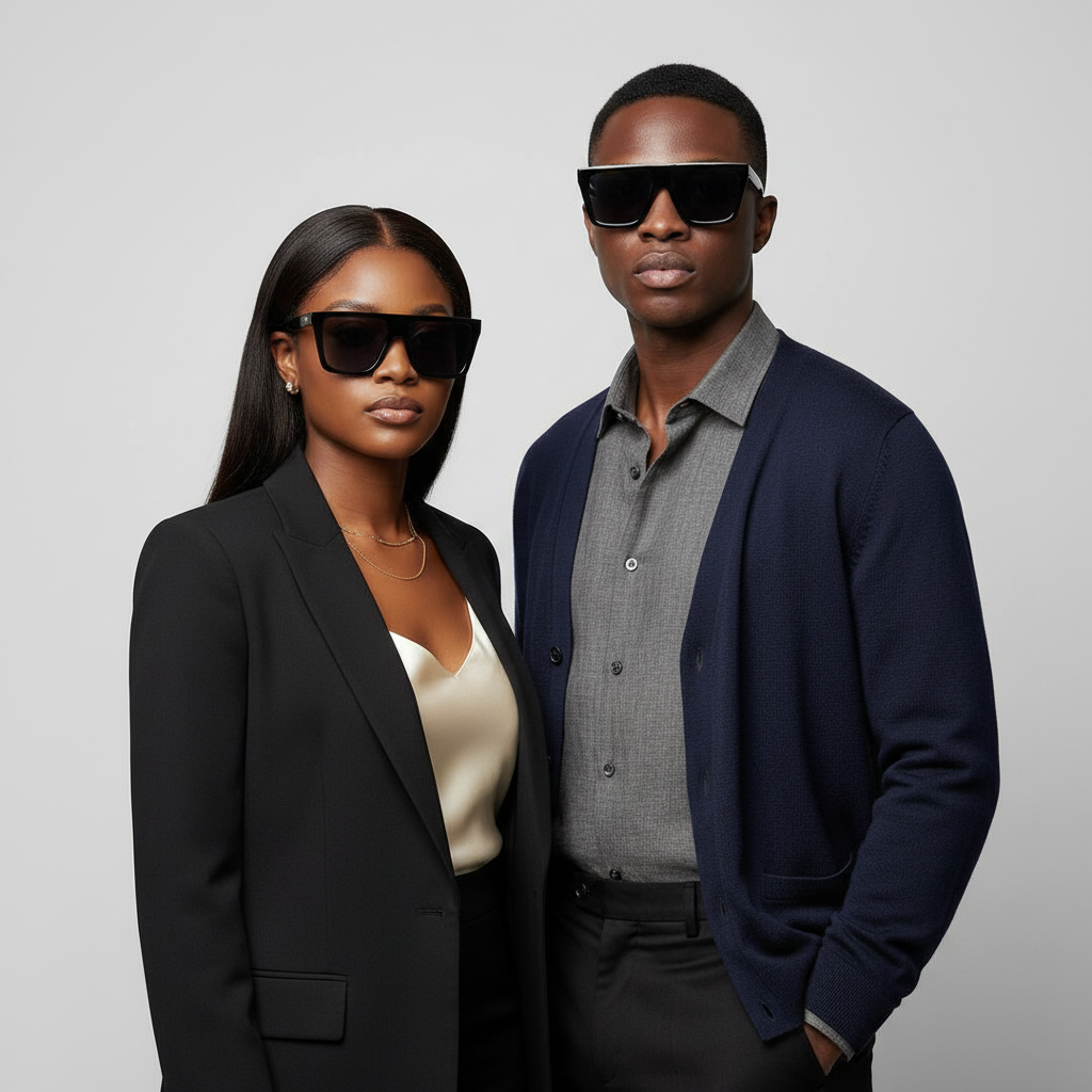 Nigerian female with sleek weavon and male model wearing oversized flat-top black square sunglasses with gold accent – editorial medium shot professional grey background