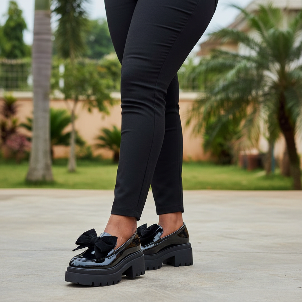Plus-size Nigerian female model wearing black patent leather chunky platform bow loafer — leg focus