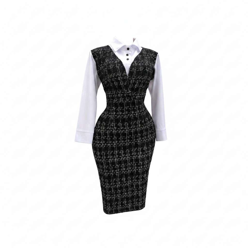 Women's black tweed grid sleeveless midi dress with white shirt - ghost mannequin view