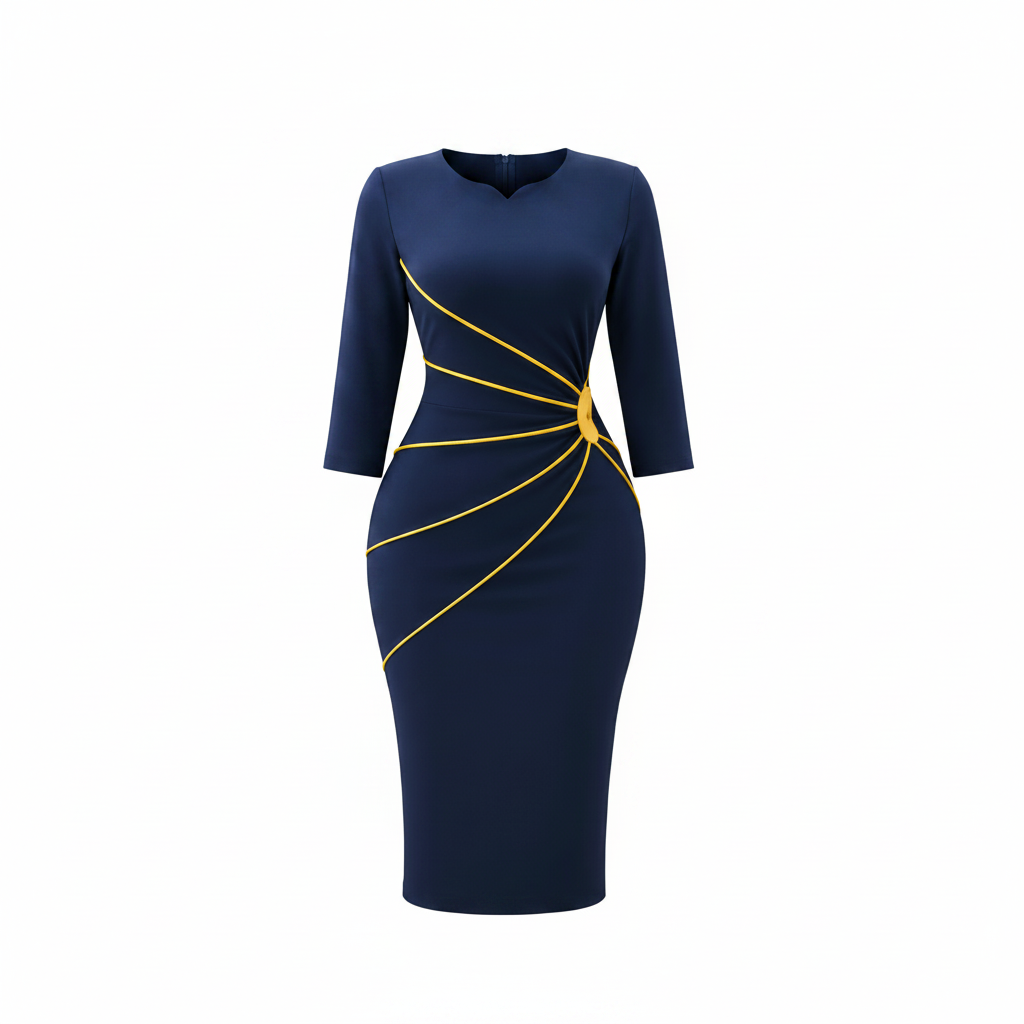 Women's navy blue gold radiating stripe waist detail bodycon midi dress - ghost mannequin view