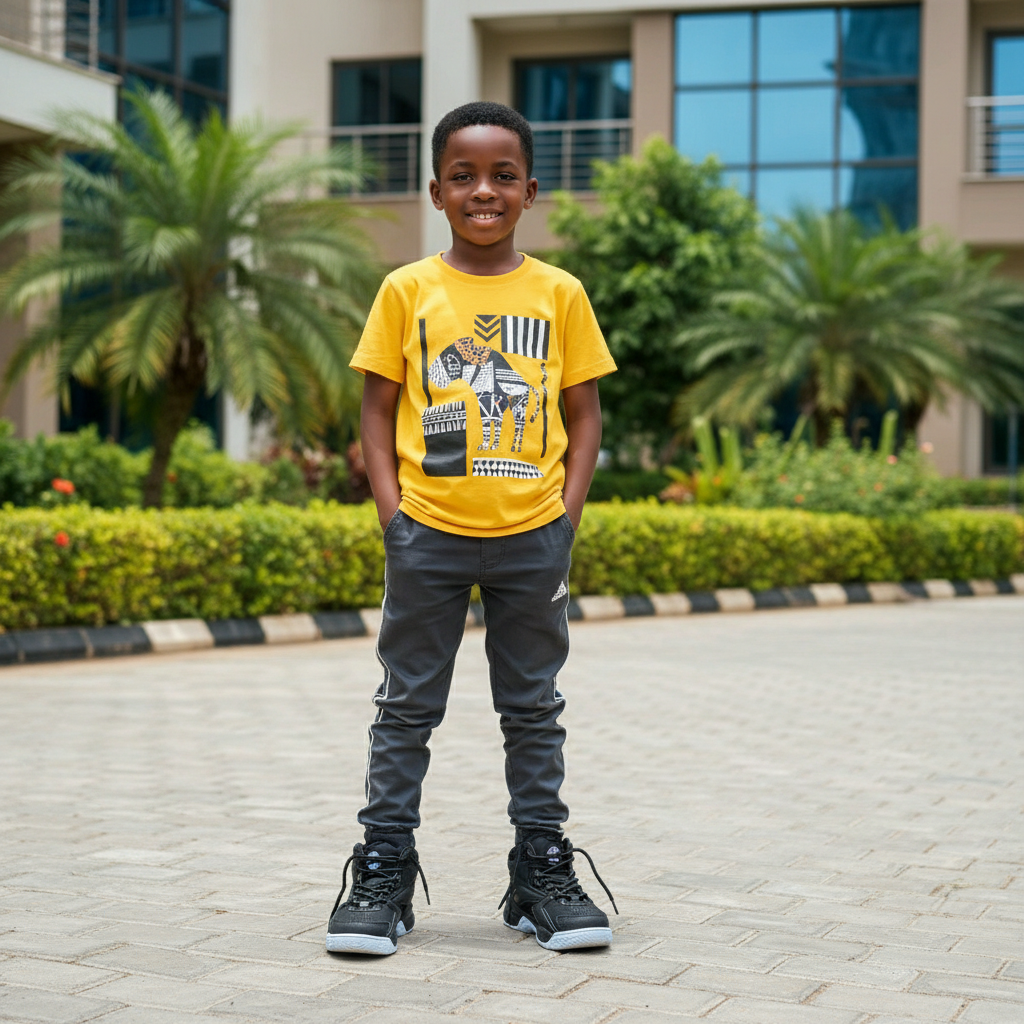 Nigerian boy wearing black high-top chunky mesh sneakers lifestyle shot