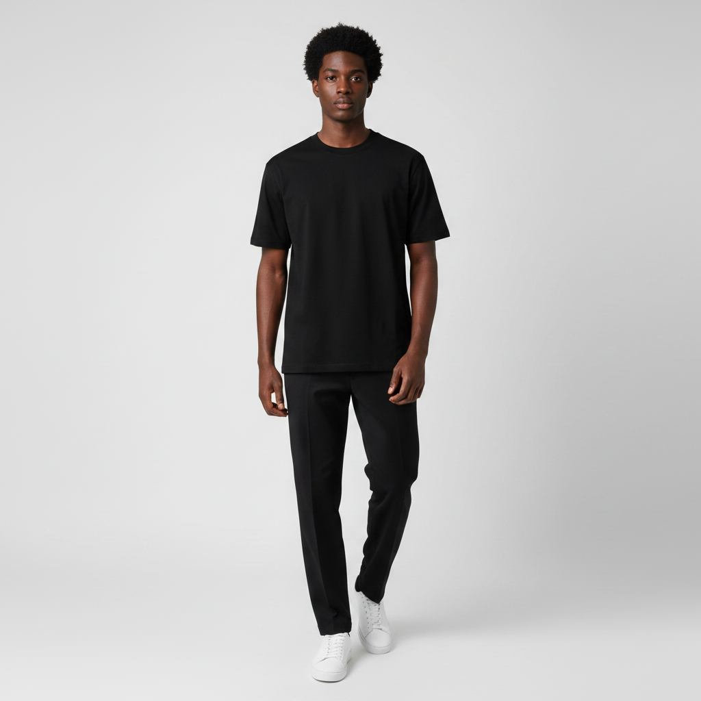 Man wearing the plain black crew neck t-shirt