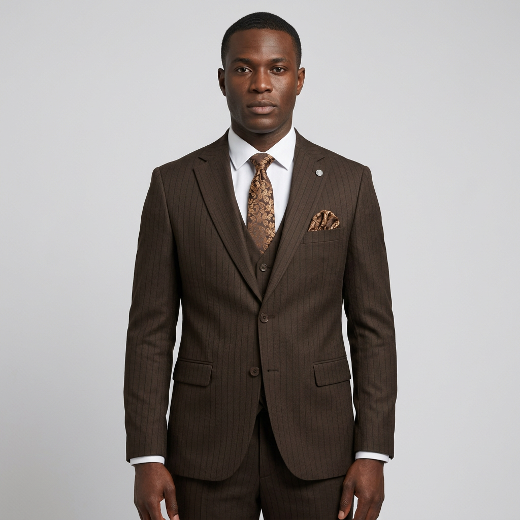 AI-generated styling preview of a Black adult model wearing a dark brown suit