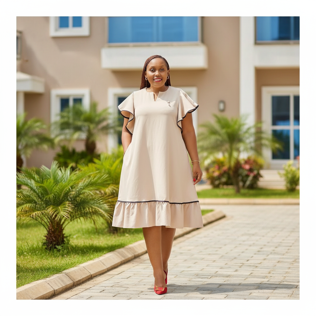 Nigerian female model wearing cream flutter sleeve A-line midi dress with ruffle hem