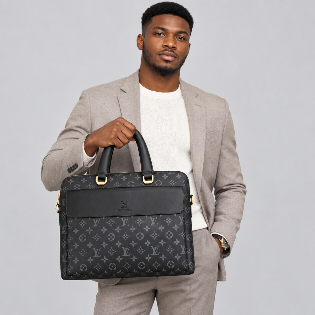 Nigerian man carrying black-and-grey monogram laptop briefcase