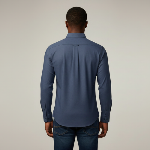Nigerian adult male model wearing Steel Blue Long Sleeve Shirt - Back View