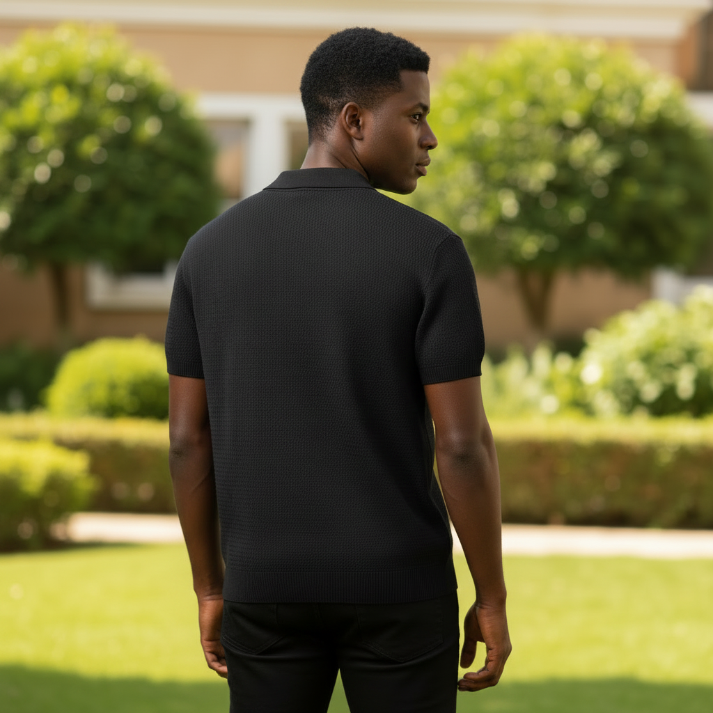 Black Open-Collar Knit Polo – Nigerian male model back view