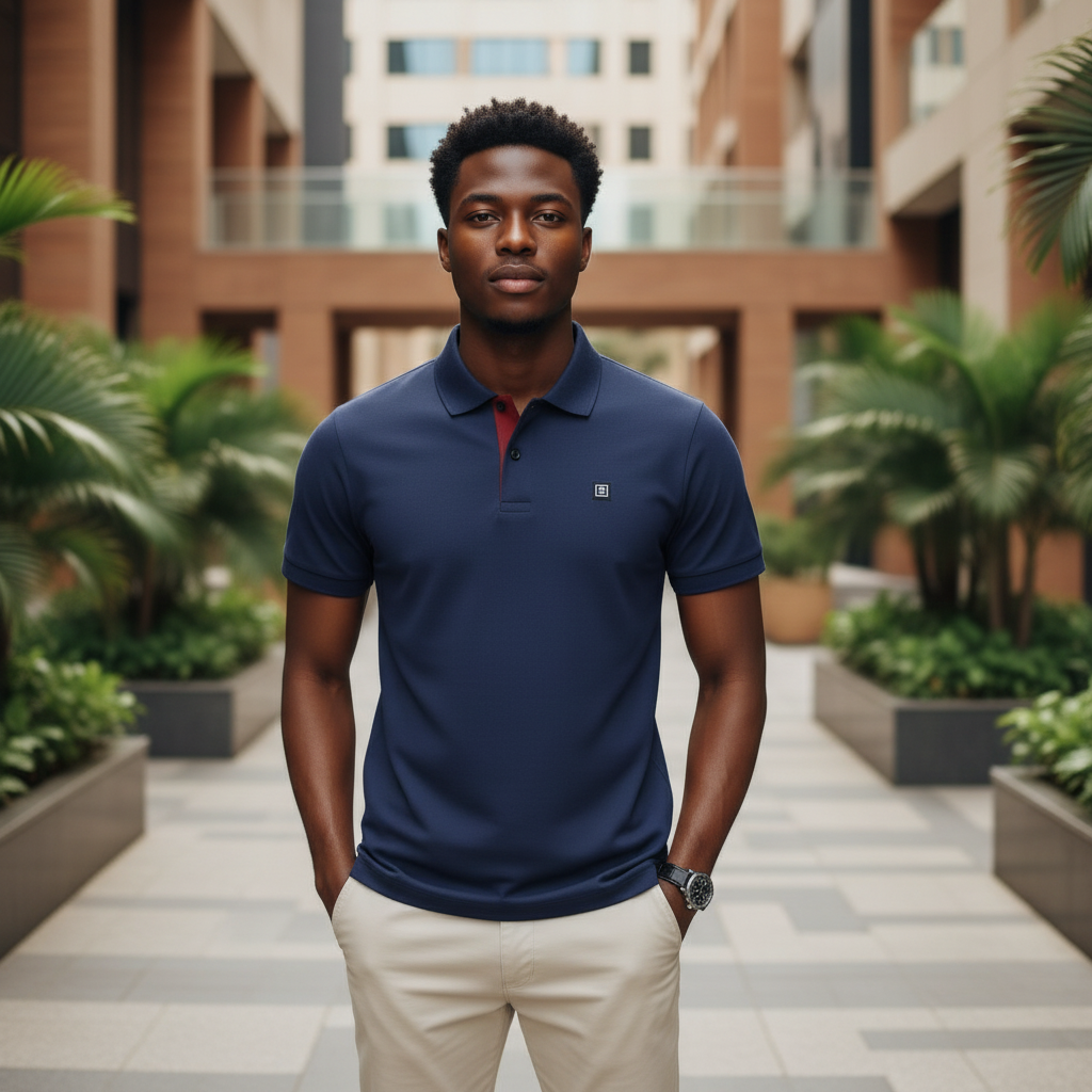 Young Nigerian male model wearing navy blue red placket polo shirt, front view, Nigerian urban background