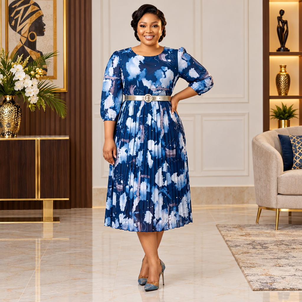 Woman wearing a blue abstract-print pleated midi dress