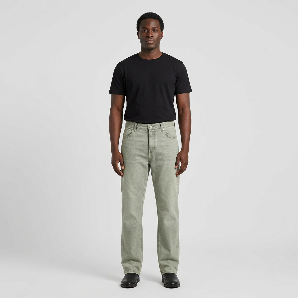Full-body male model wearing washed sage green jeans