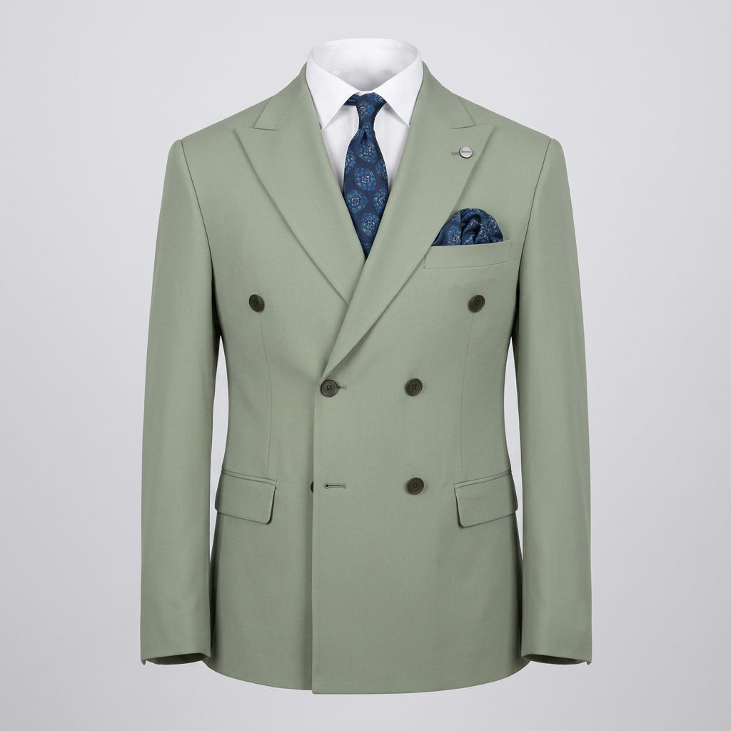 Sage green double-breasted suit jacket in ghost mannequin styling