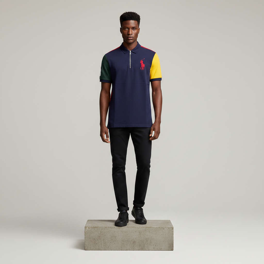 Navy Green Yellow Colour-Block Polo Shirt - Model Front
