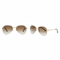 Unisex rimless aviator sunglasses gradient brown grey lens slim gold ornate double-bar bridge black acetate tip temple arms – front and side view
