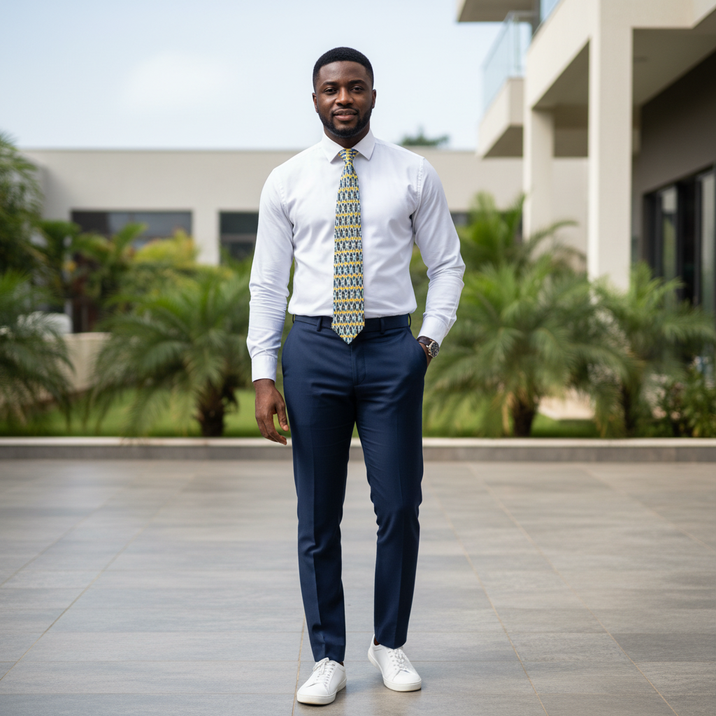Nigerian male model wearing yellow blue and navy geometric diamond woven necktie with white shirt