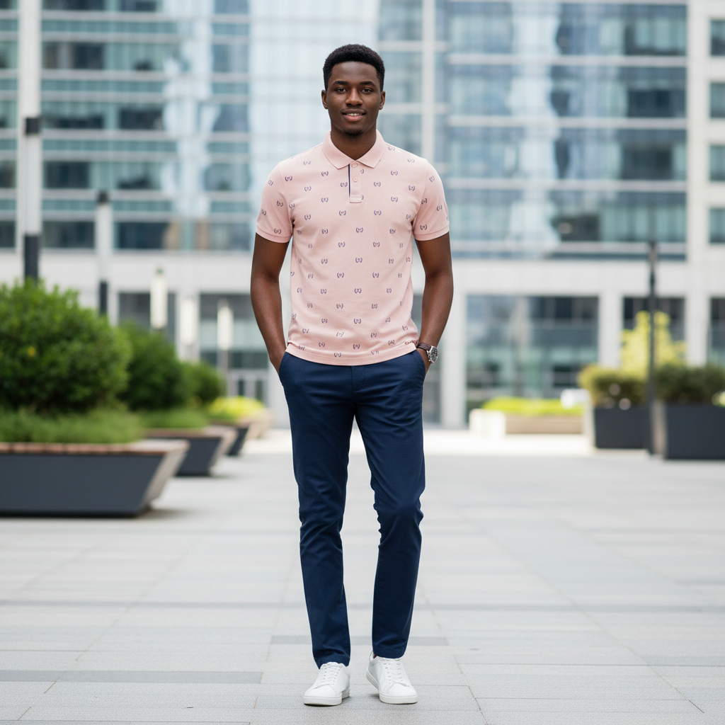 Young Nigerian male model wearing blush pink laurel crest print polo shirt