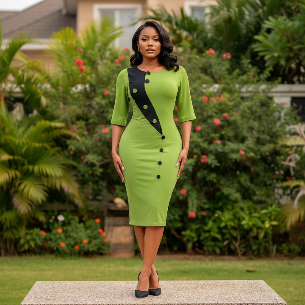 Women's Lime Green & Black Colour Block Button Midi Dress – Nigerian Female Model Shot