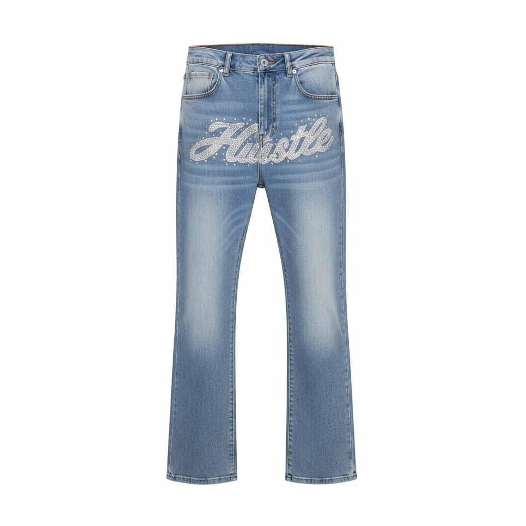 Men's light blue washed flared denim jeans with silver rhinestone cursive script graphic, ghost mannequin front view