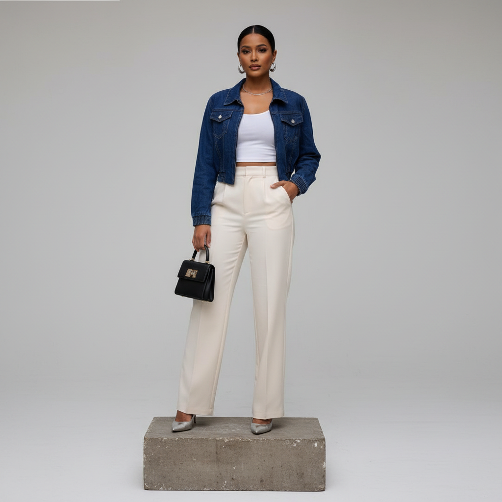 Nigerian Female Model – Dark Blue Cropped Denim Jacket