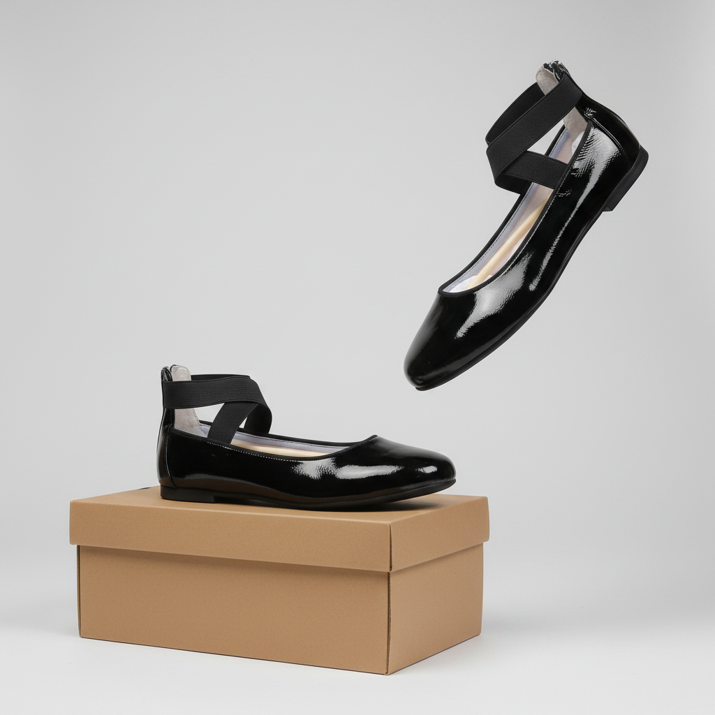 Girls' Black Patent Elastic Strap Ballet Flat - Ghost on and Beside Carton Box