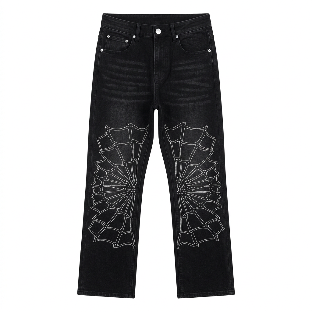 Black wide-leg jeans with white outlined spiderweb designs on both legs