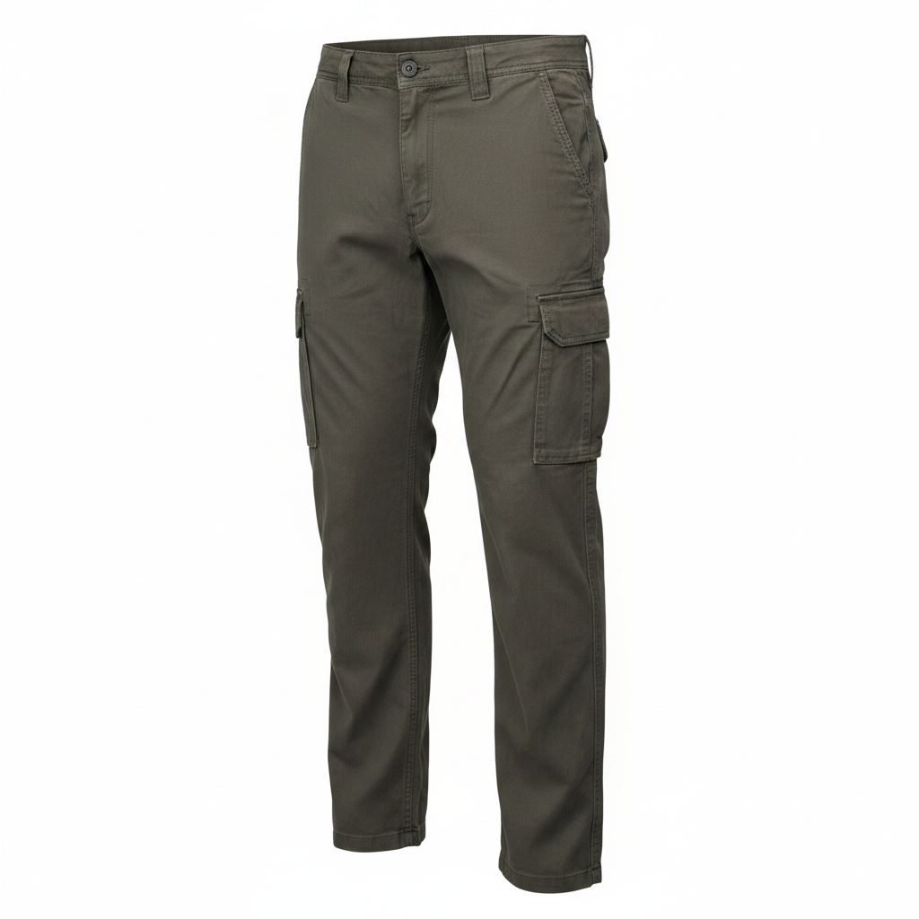 Men's olive khaki cargo pants with side pockets ghost mannequin front view