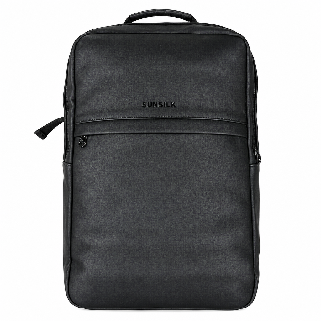 Black rectangular backpack with horizontal front zip pocket on white