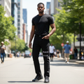Nigerian model wearing Black Straight-Leg Logo Text Print Jeans