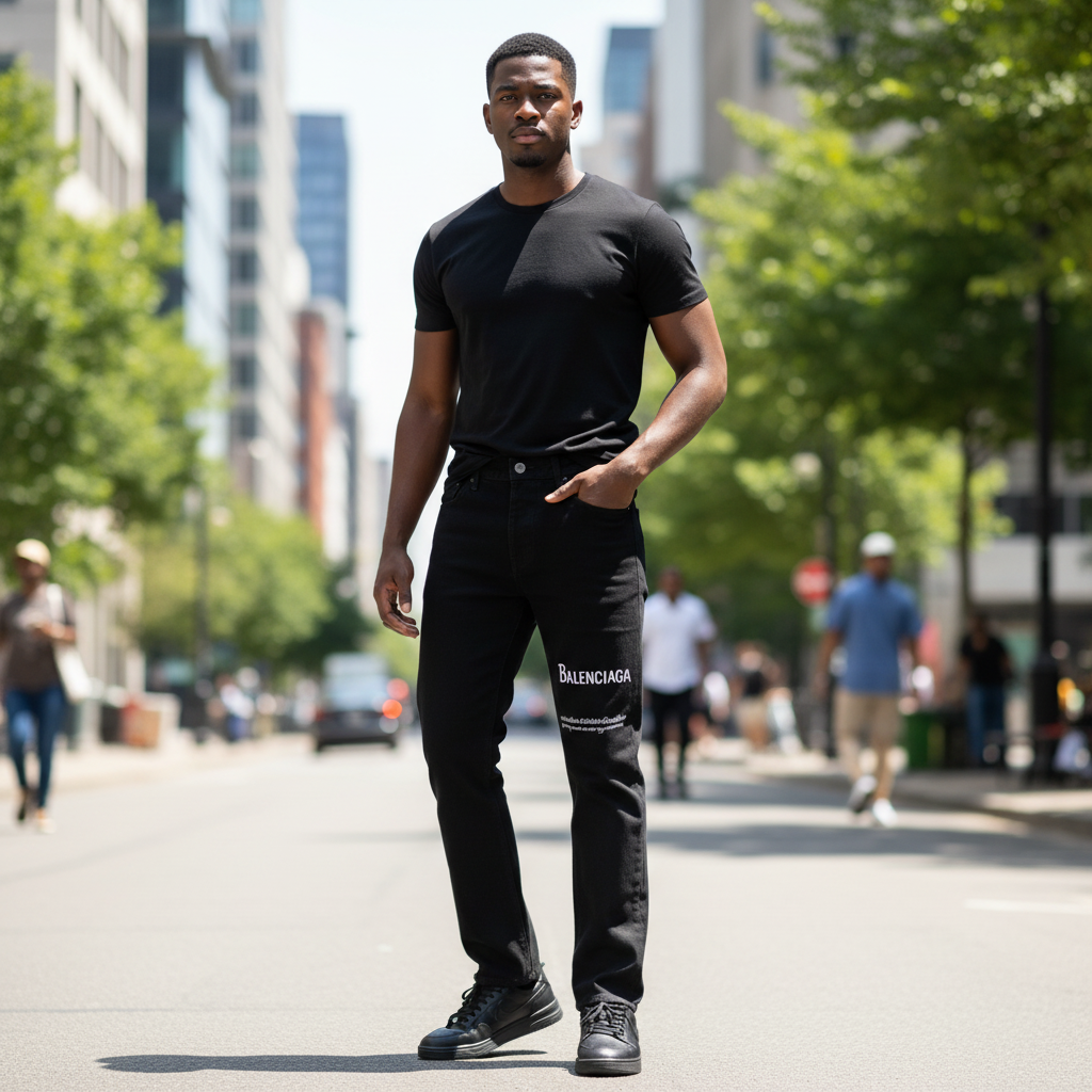 Nigerian model wearing Black Straight-Leg Logo Text Print Jeans