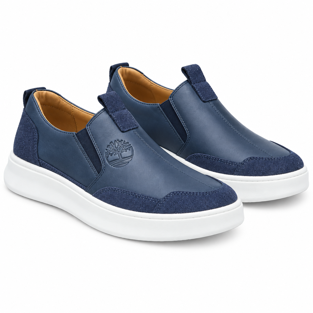 Navy Leather Slip-On Sneaker with Embossed Logo – Ghost Mannequin