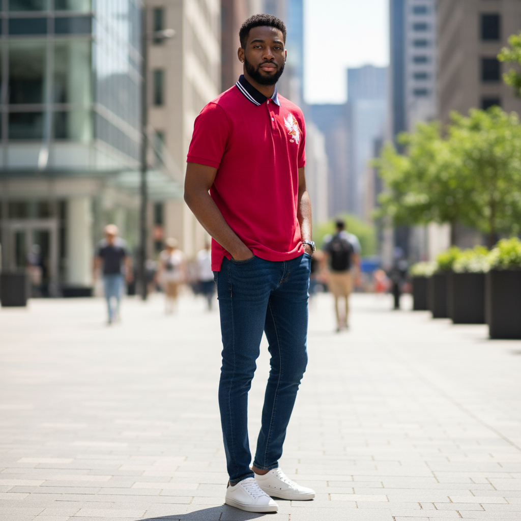 Young Nigerian male model wearing a red phoenix embroidered polo shirt