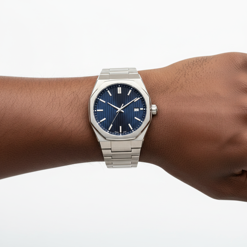 Nigerian male model wrist shot side-facing wearing navy blue dial automatic titanium watch