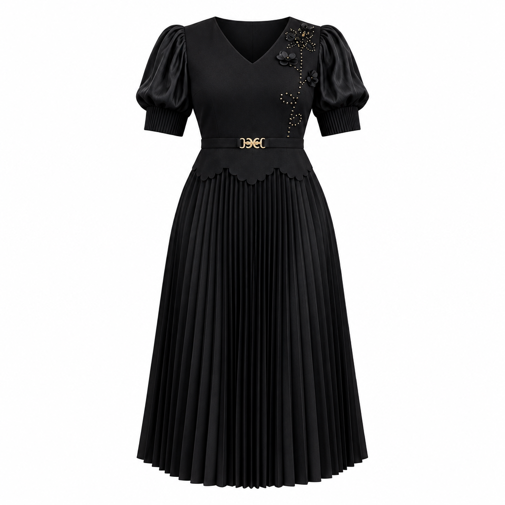 Black embellished pleated occasion dress on white background